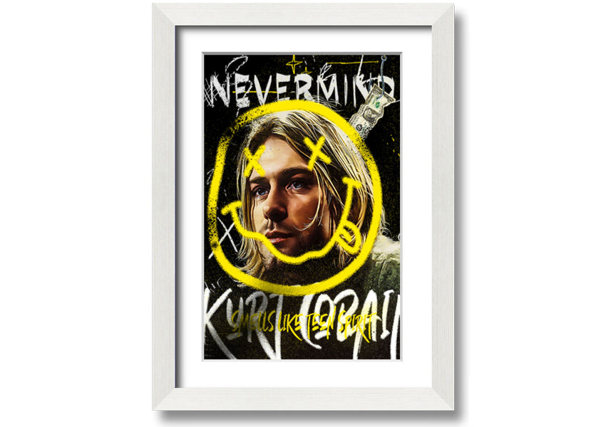 Kurt Cobain Smile art print on coated polyester canvas, mounted on a 44mm box frame, ready to hang.