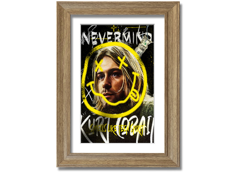 Kurt Cobain Smile art print on coated polyester canvas, mounted on a 44mm box frame, ready to hang.