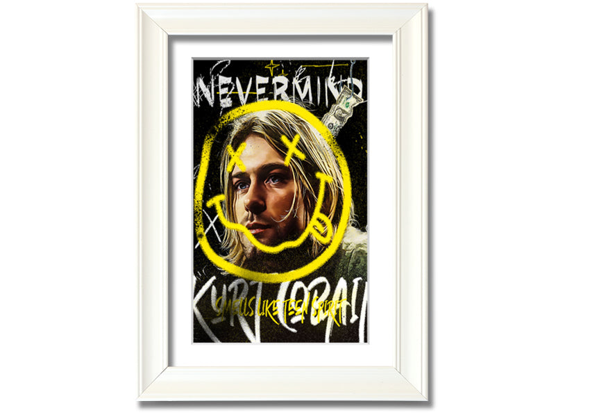 Kurt Cobain Smile art print on coated polyester canvas, mounted on a 44mm box frame, ready to hang.