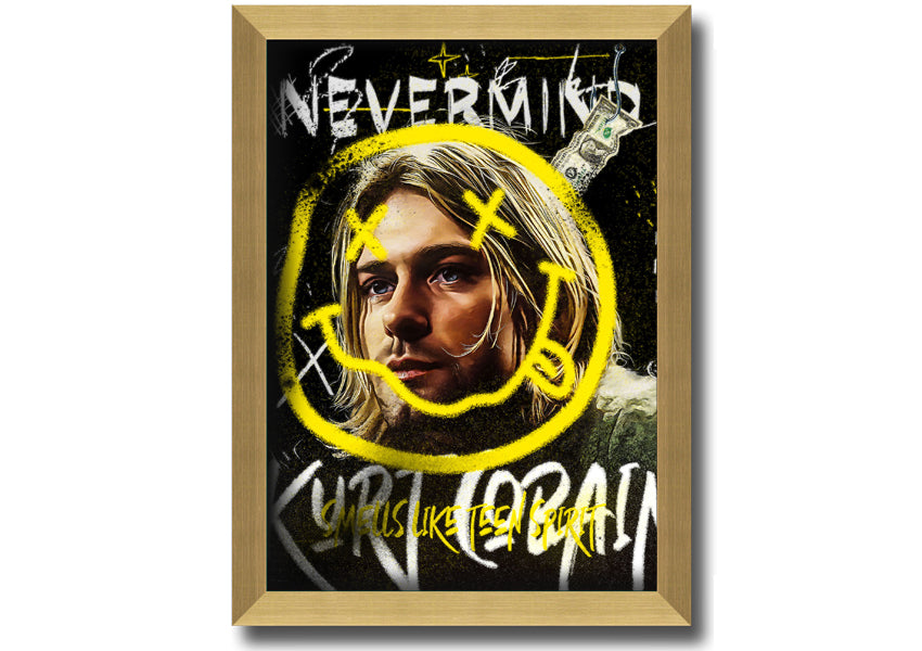 Kurt Cobain Smile art print on coated polyester canvas, mounted on a 44mm box frame, ready to hang.