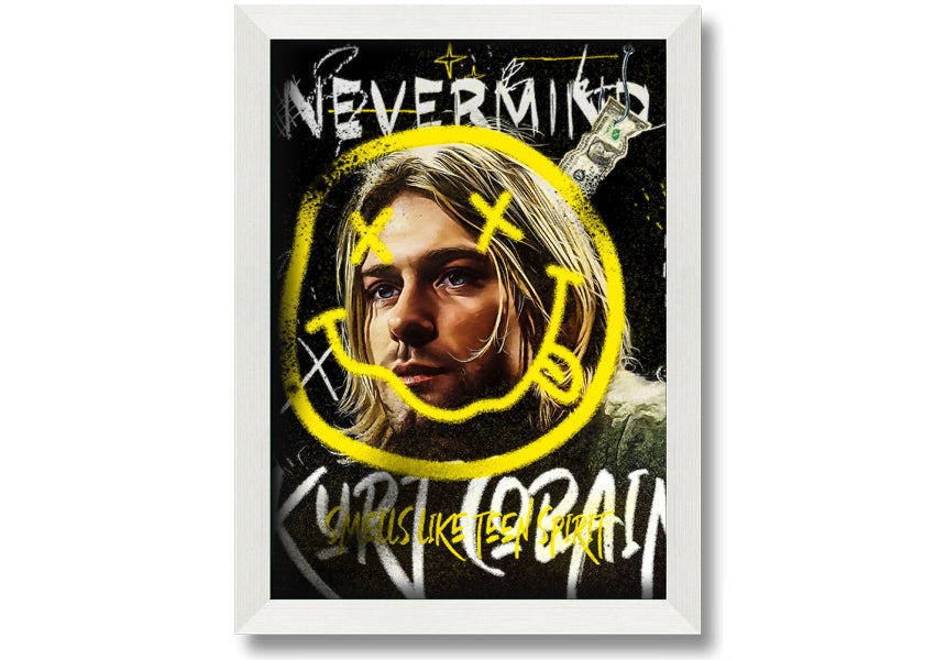 Kurt Cobain Smile art print on coated polyester canvas, mounted on a 44mm box frame, ready to hang.