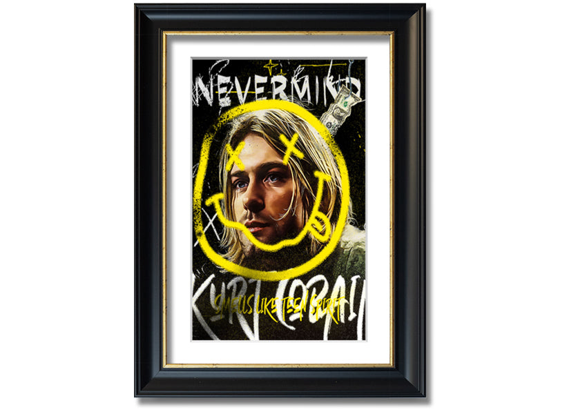 Kurt Cobain Smile art print on coated polyester canvas, mounted on a 44mm box frame, ready to hang.