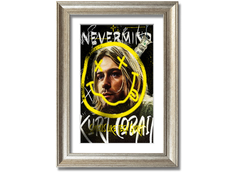 Kurt Cobain Smile art print on coated polyester canvas, mounted on a 44mm box frame, ready to hang.