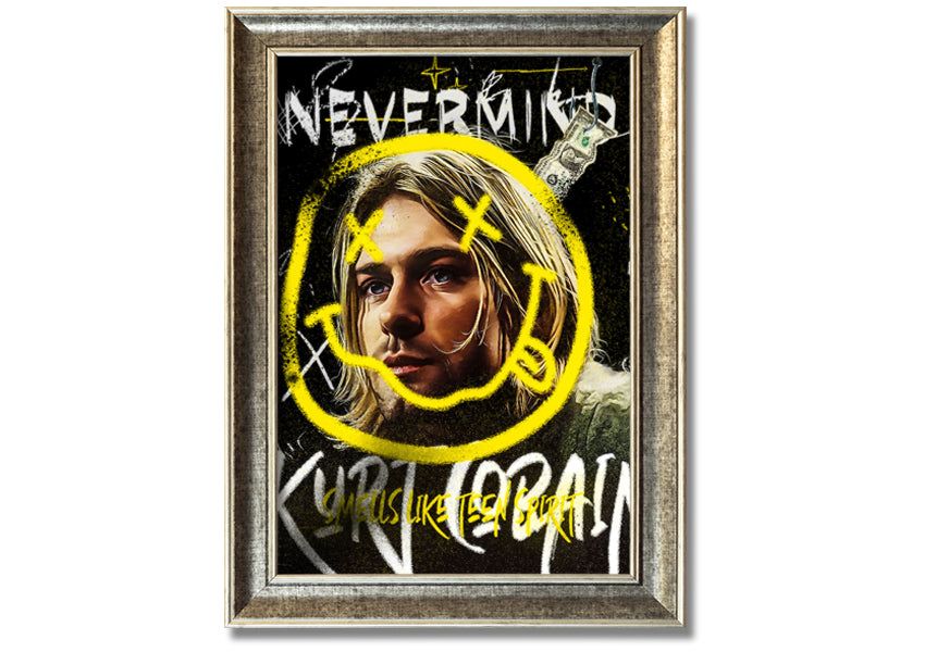 Kurt Cobain Smile art print on coated polyester canvas, mounted on a 44mm box frame, ready to hang.