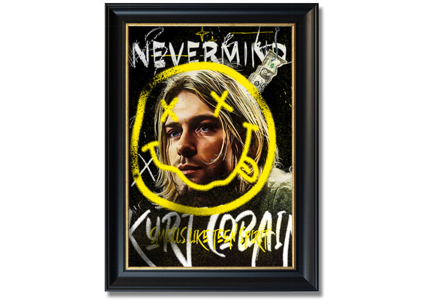 Kurt Cobain Smile art print on coated polyester canvas, mounted on a 44mm box frame, ready to hang.