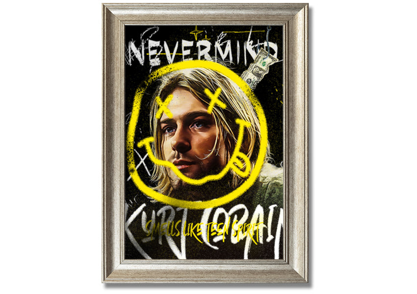 Kurt Cobain Smile art print on coated polyester canvas, mounted on a 44mm box frame, ready to hang.