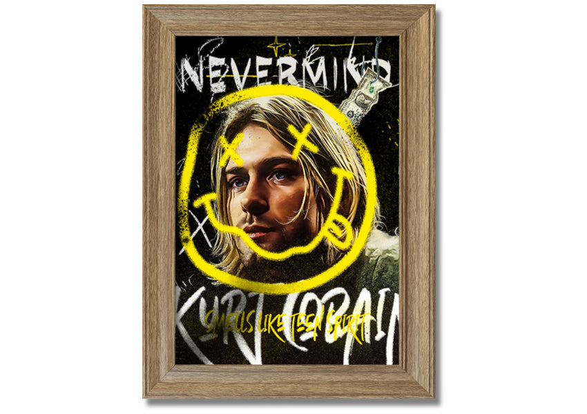 Kurt Cobain Smile art print on coated polyester canvas, mounted on a 44mm box frame, ready to hang.