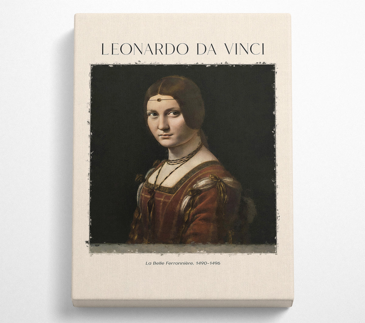 La Belle Ferronnière by Leonardo Da Vinci, a canvas print mounted on a box frame, showcasing a woman's portrait with a captivating gaze.