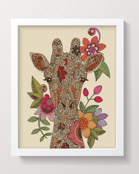 A vibrant artwork of a giraffe printed on 8x10 photographic paper, showcasing intricate details and colors.