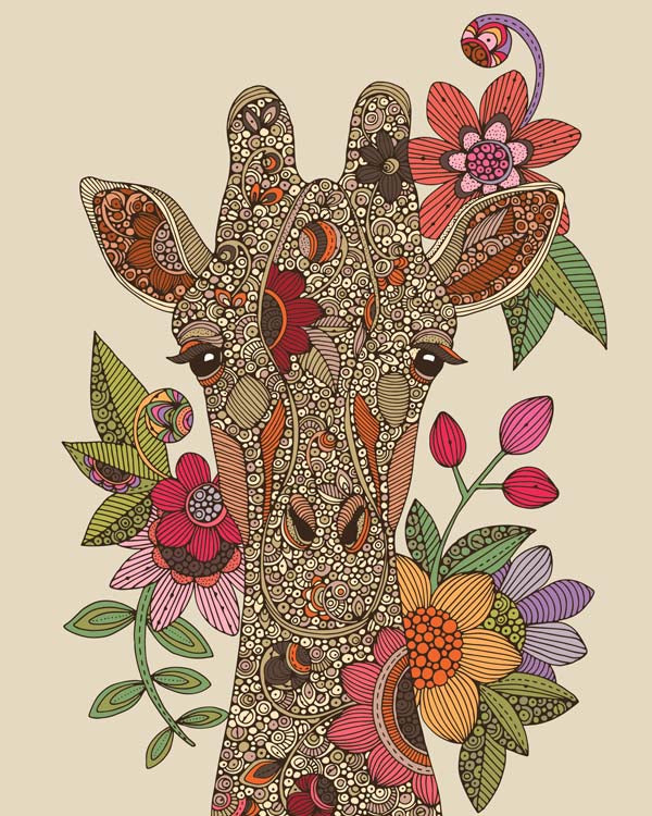 A vibrant artwork of a giraffe printed on 8x10 photographic paper, showcasing intricate details and colors.