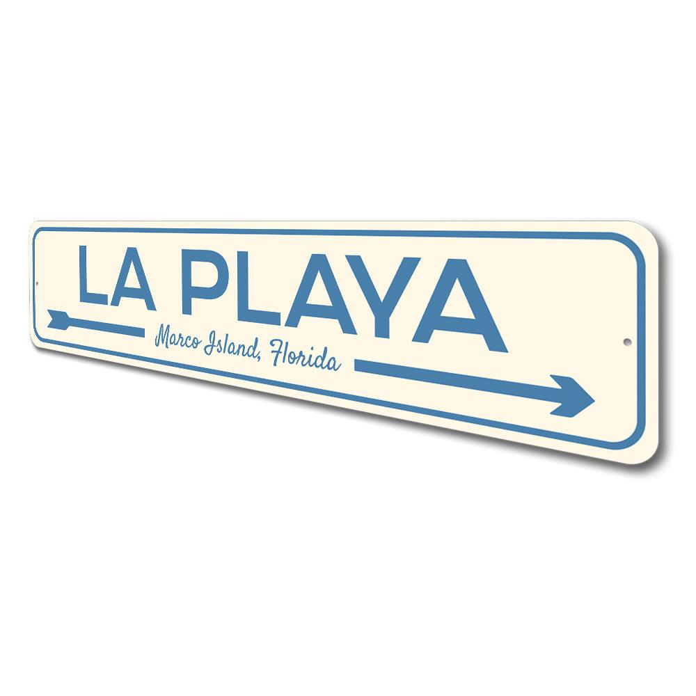 La Playa Beach Sign made of durable aluminum, featuring vibrant colors and a coastal design, perfect for home decor.