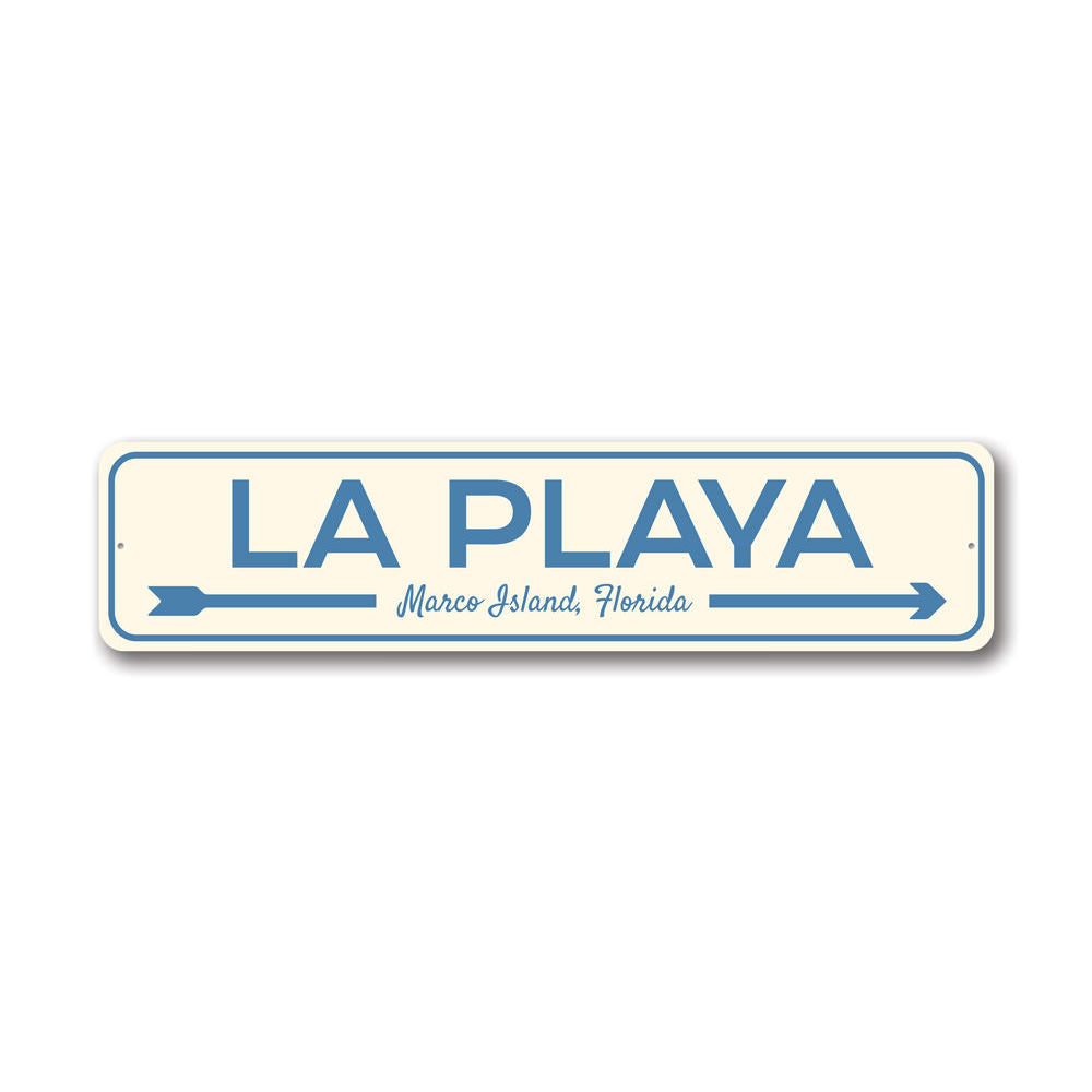 La Playa Beach Sign made of durable aluminum, featuring vibrant colors and a coastal design, perfect for home decor.