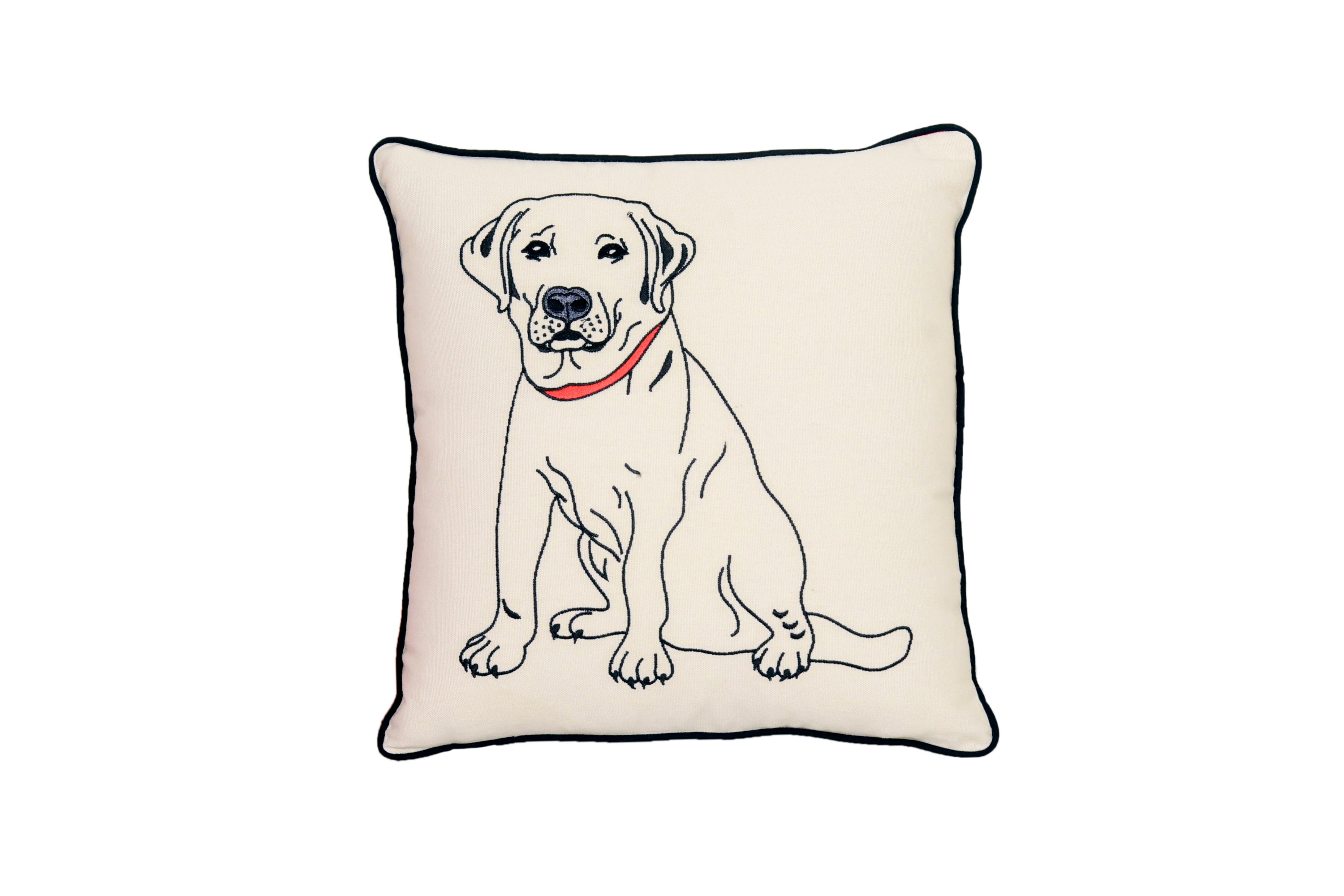 Labrador Dog Pillow featuring embroidered dog breed designs on 100% cotton canvas with black piping.