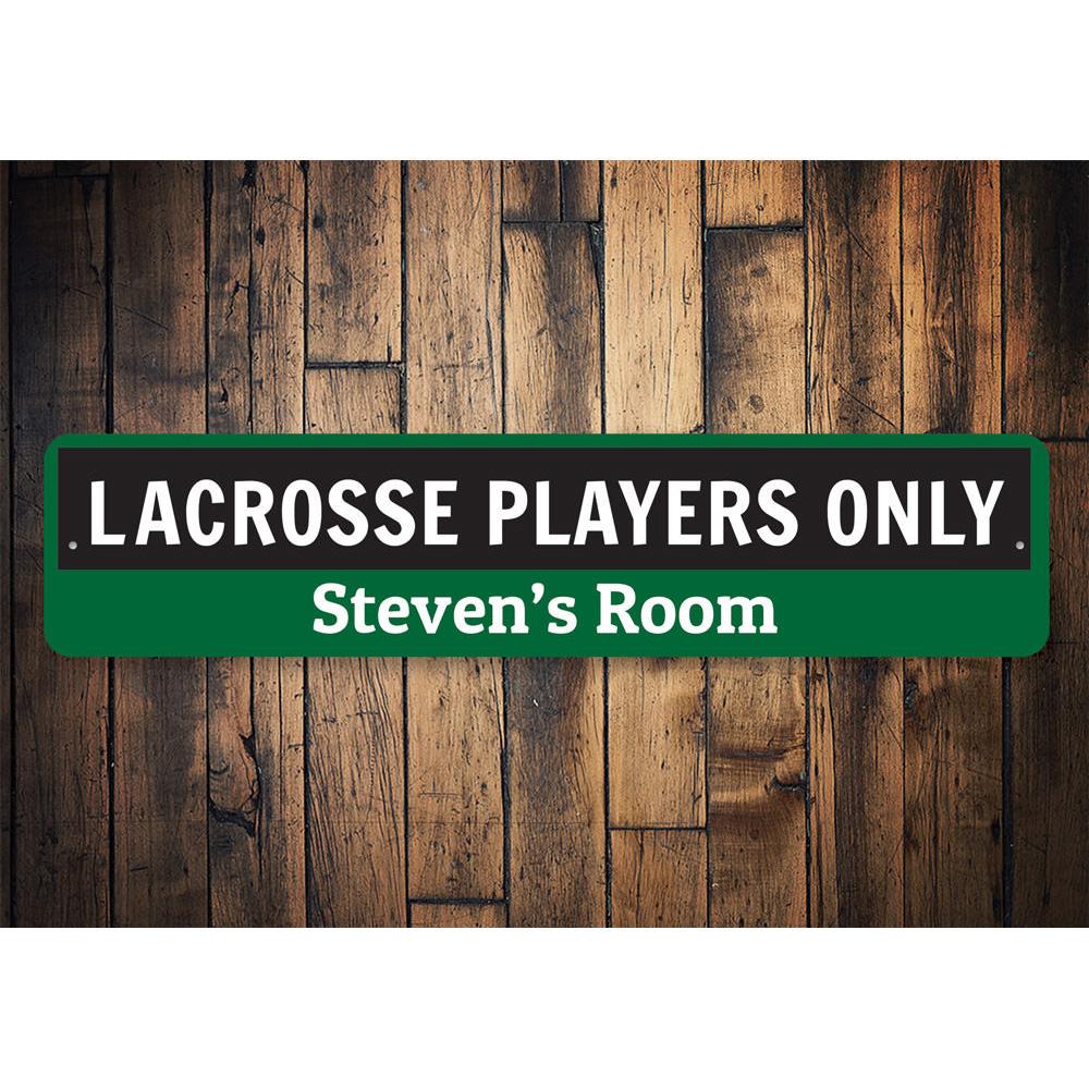 Customizable Lacrosse Sign made of high-quality aluminum, featuring pre-drilled holes for easy mounting, perfect for kids' rooms or as a unique gift.