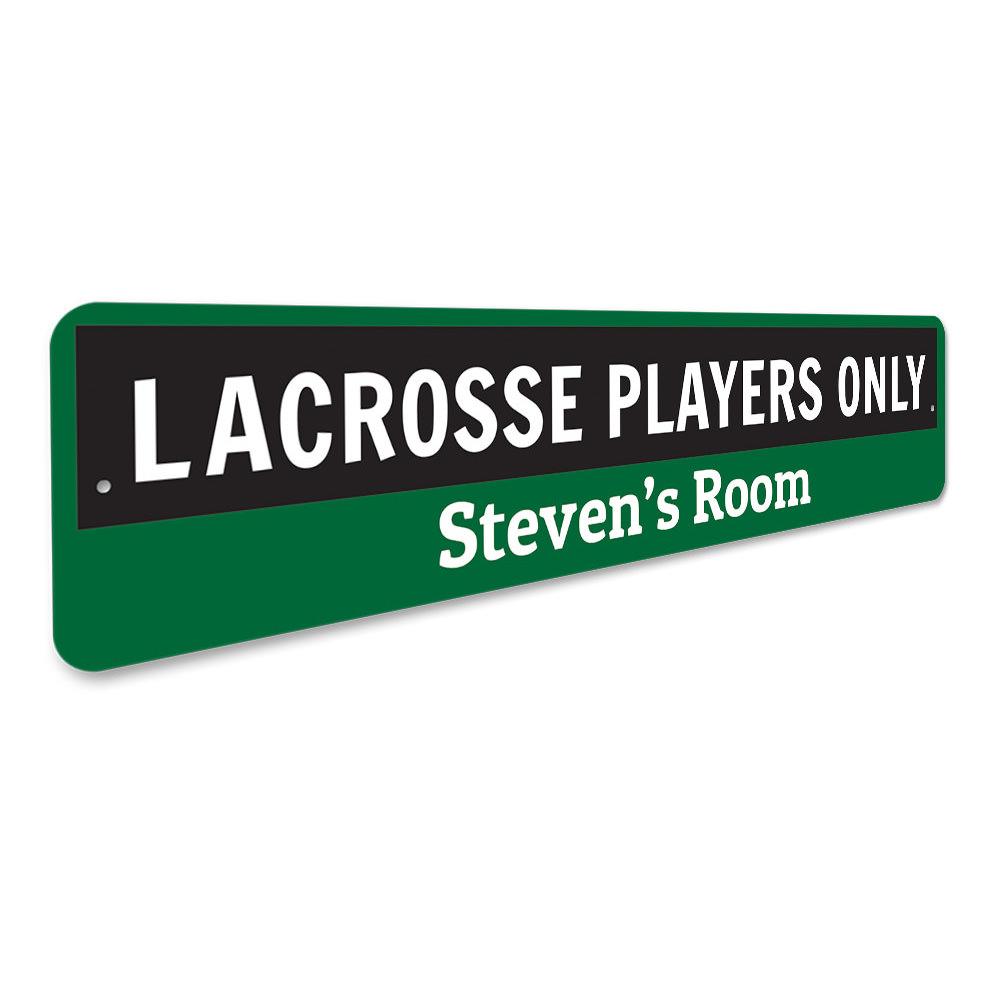 Customizable Lacrosse Sign made of high-quality aluminum, featuring pre-drilled holes for easy mounting, perfect for kids' rooms or as a unique gift.