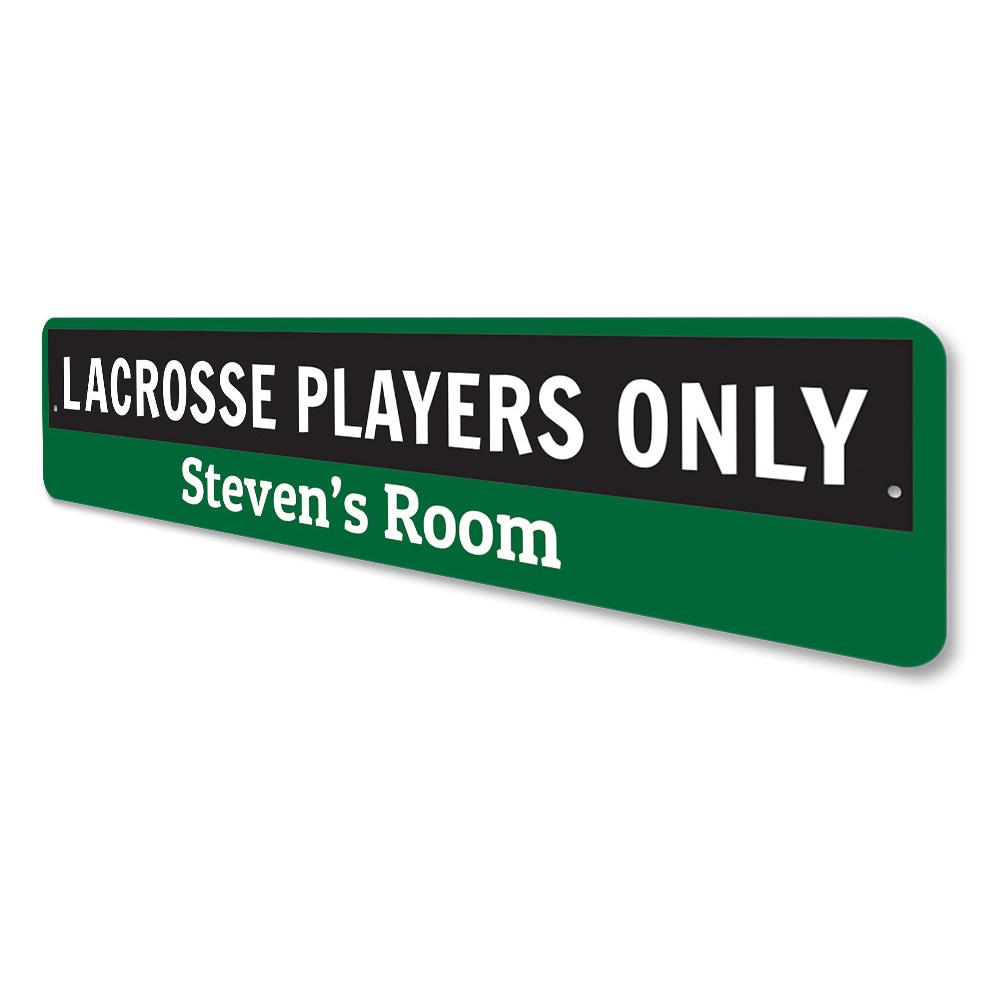 Customizable Lacrosse Sign made of high-quality aluminum, featuring pre-drilled holes for easy mounting, perfect for kids' rooms or as a unique gift.