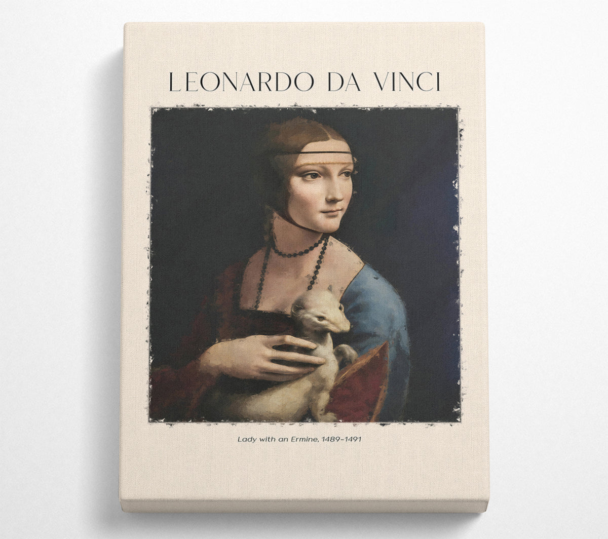 Canvas print of Lady With An Ermine by Leonardo Da Vinci, featuring a young woman holding an ermine, mounted on a box frame.