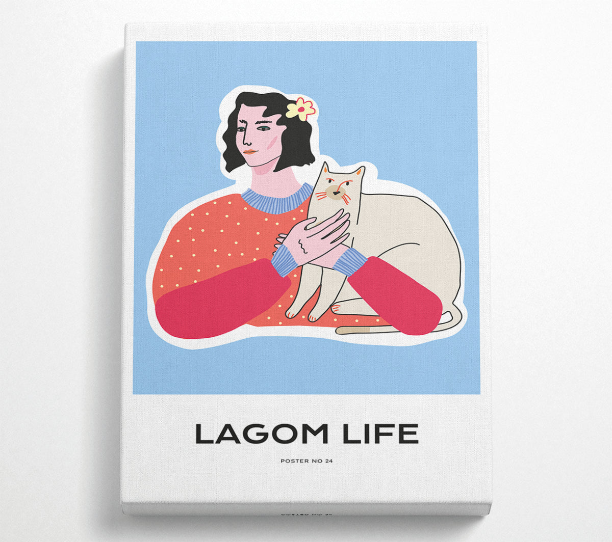 Lagom Life Cat artwork printed on coated polyester canvas, mounted on a 44mm box frame, showcasing a charming cat design.