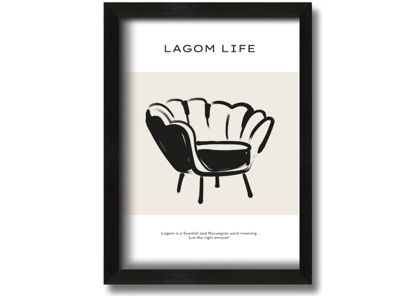 Lagom Meaning framed print showcasing a minimalist design with a thoughtful message, available in various frame colours.