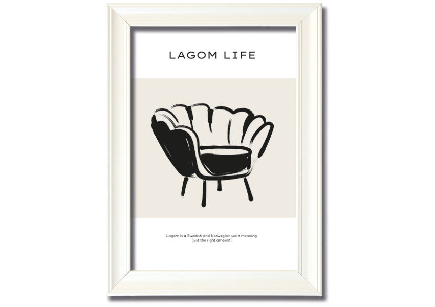 Lagom Meaning framed print showcasing a minimalist design with a thoughtful message, available in various frame colours.