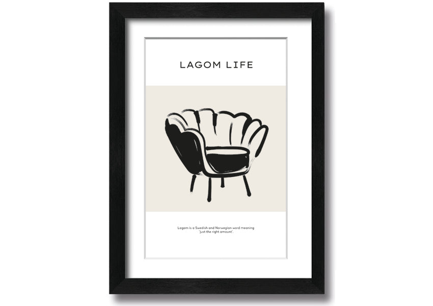 Lagom Meaning framed print showcasing a minimalist design with a thoughtful message, available in various frame colours.