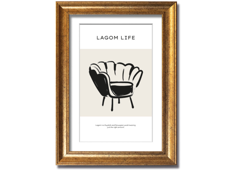 Lagom Meaning framed print showcasing a minimalist design with a thoughtful message, available in various frame colours.