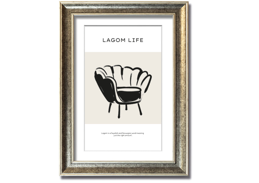 Lagom Meaning framed print showcasing a minimalist design with a thoughtful message, available in various frame colours.