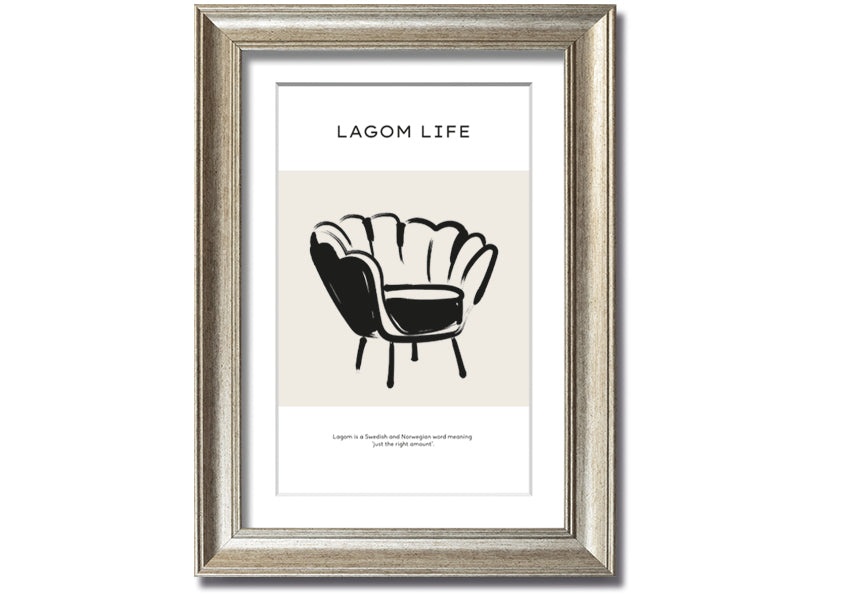 Lagom Meaning framed print showcasing a minimalist design with a thoughtful message, available in various frame colours.