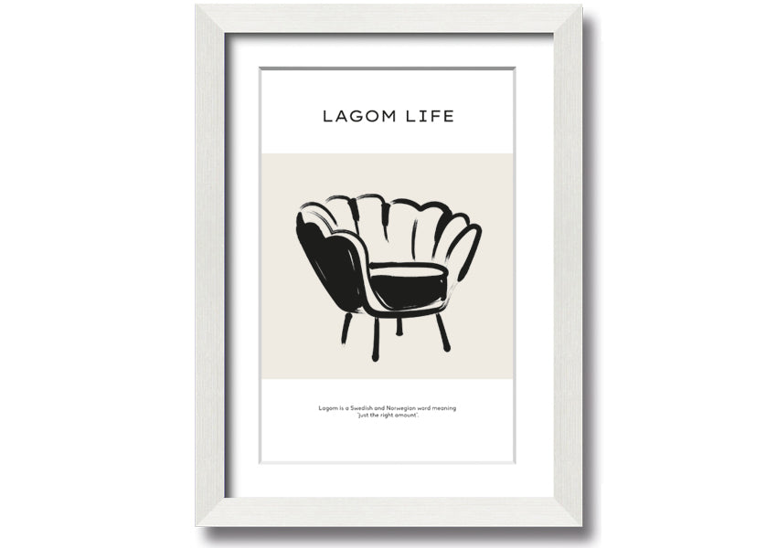 Lagom Meaning framed print showcasing a minimalist design with a thoughtful message, available in various frame colours.