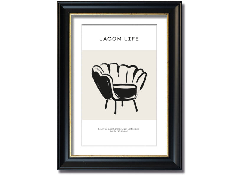 Lagom Meaning framed print showcasing a minimalist design with a thoughtful message, available in various frame colours.