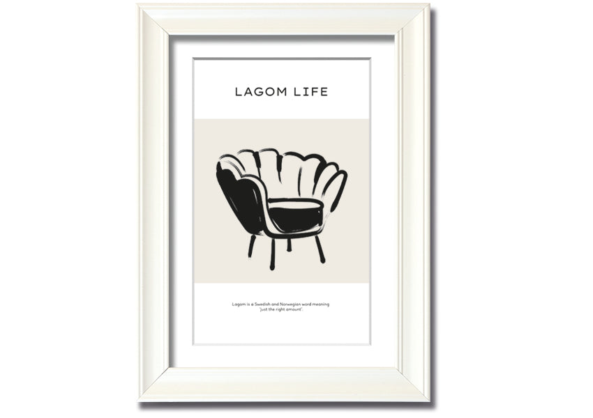 Lagom Meaning framed print showcasing a minimalist design with a thoughtful message, available in various frame colours.