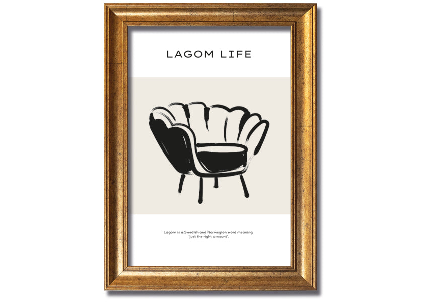 Lagom Meaning framed print showcasing a minimalist design with a thoughtful message, available in various frame colours.