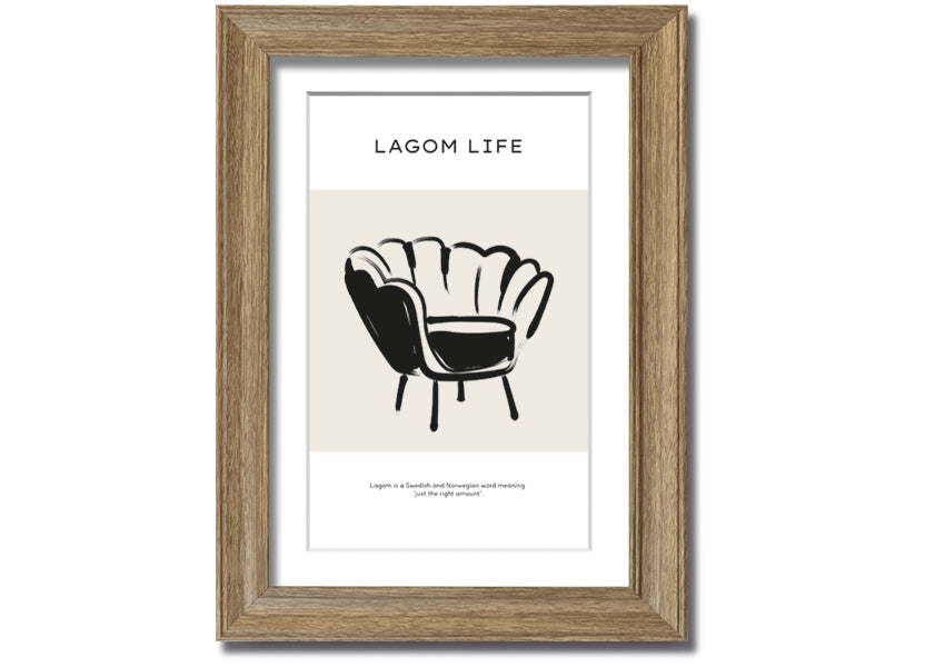 Lagom Meaning framed print showcasing a minimalist design with a thoughtful message, available in various frame colours.