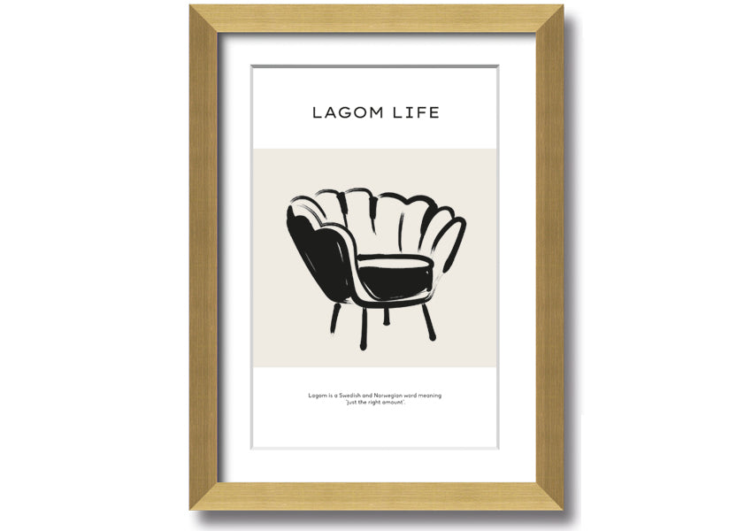 Lagom Meaning framed print showcasing a minimalist design with a thoughtful message, available in various frame colours.