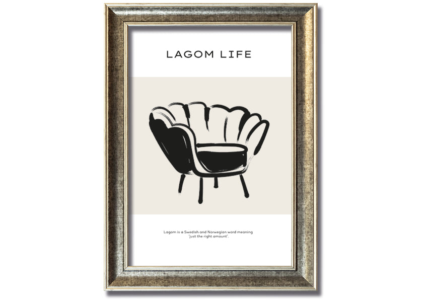 Lagom Meaning framed print showcasing a minimalist design with a thoughtful message, available in various frame colours.