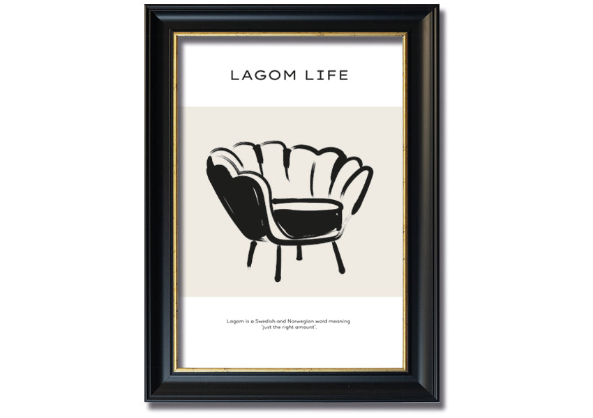 Lagom Meaning framed print showcasing a minimalist design with a thoughtful message, available in various frame colours.