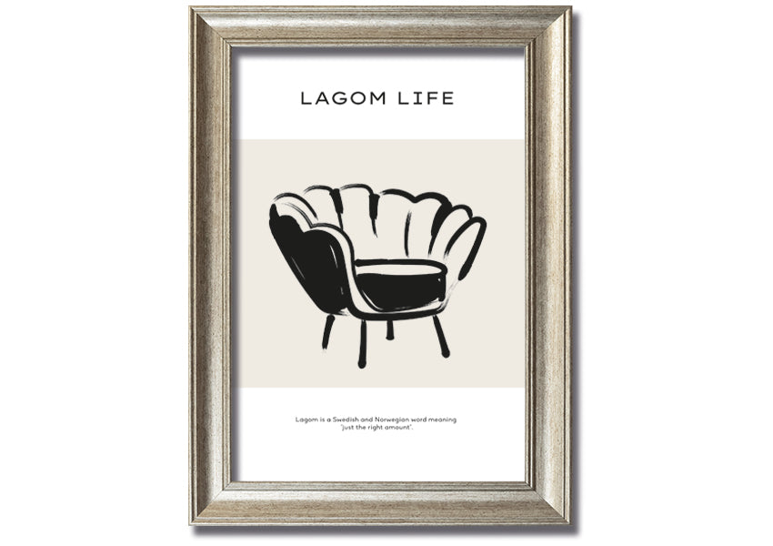 Lagom Meaning framed print showcasing a minimalist design with a thoughtful message, available in various frame colours.