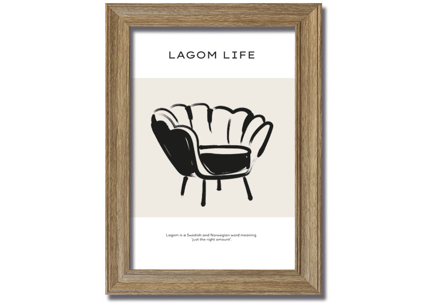 Lagom Meaning framed print showcasing a minimalist design with a thoughtful message, available in various frame colours.