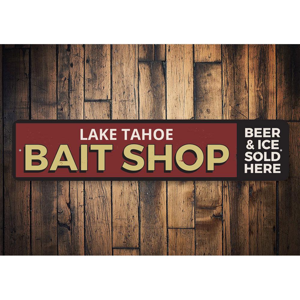 A decorative Lake Bait Shop Sign made of high-quality aluminum, featuring customizable text and pre-drilled holes for easy mounting.