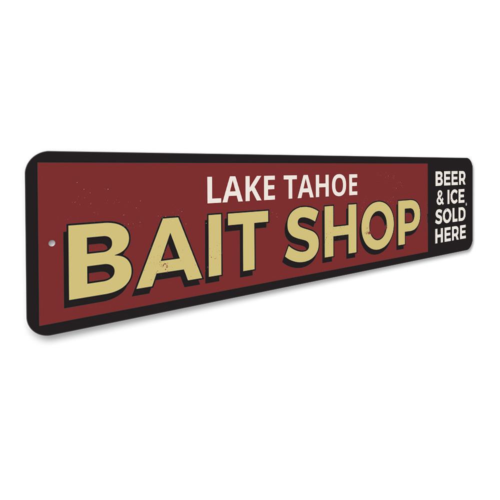 A decorative Lake Bait Shop Sign made of high-quality aluminum, featuring customizable text and pre-drilled holes for easy mounting.