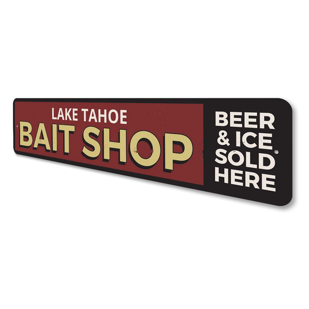 A decorative Lake Bait Shop Sign made of high-quality aluminum, featuring customizable text and pre-drilled holes for easy mounting.