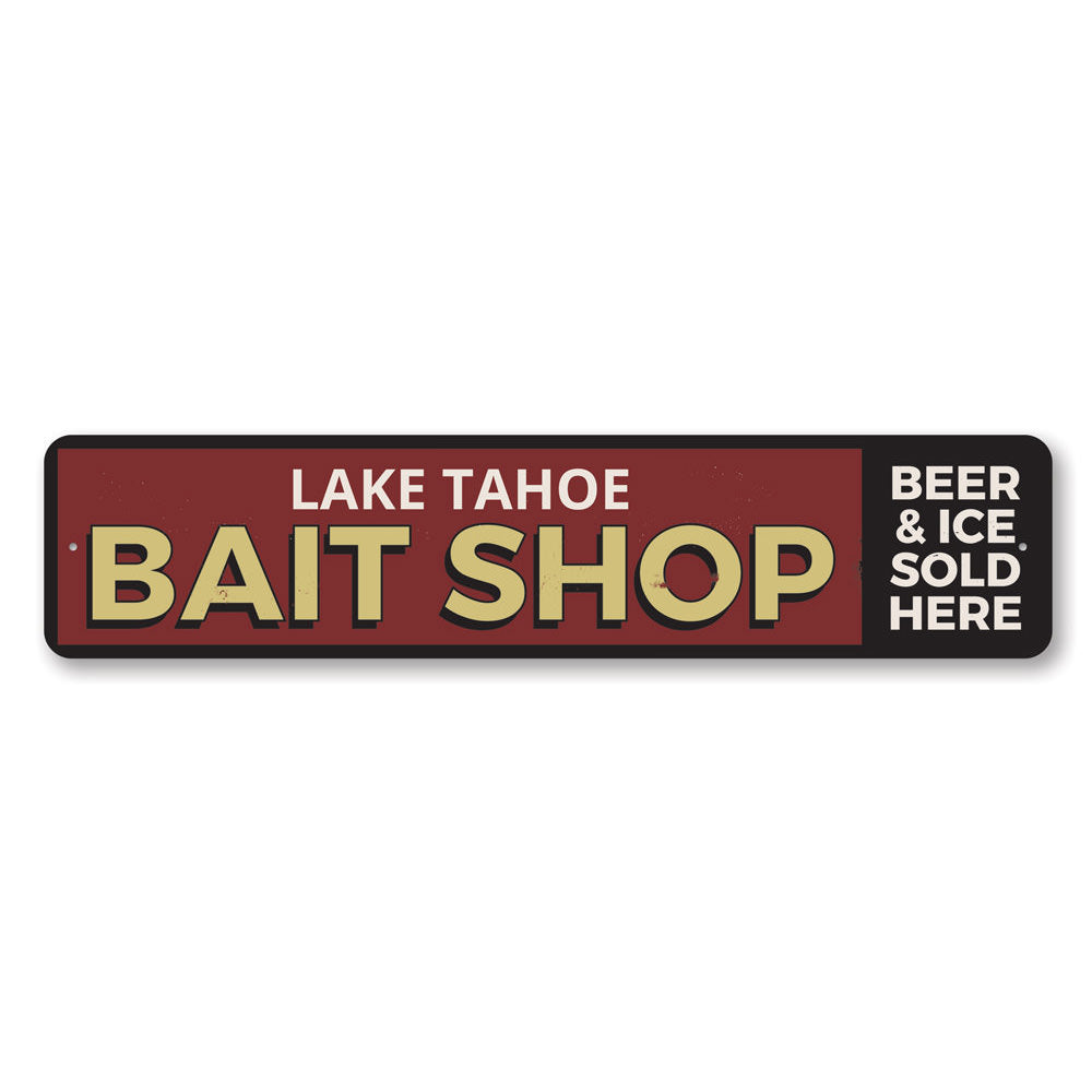 A decorative Lake Bait Shop Sign made of high-quality aluminum, featuring customizable text and pre-drilled holes for easy mounting.