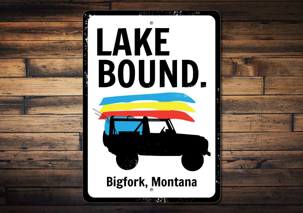 A customizable Lake Bound Sign made of high-quality aluminum, featuring a beautiful lakeside design, perfect for home decor.