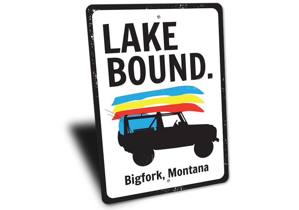 A customizable Lake Bound Sign made of high-quality aluminum, featuring a beautiful lakeside design, perfect for home decor.