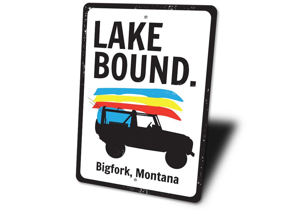 A customizable Lake Bound Sign made of high-quality aluminum, featuring a beautiful lakeside design, perfect for home decor.