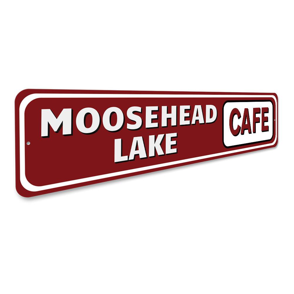 A beautifully crafted Lake Cafe Sign made of durable aluminum, showcasing a lakeside theme with customizable text options.