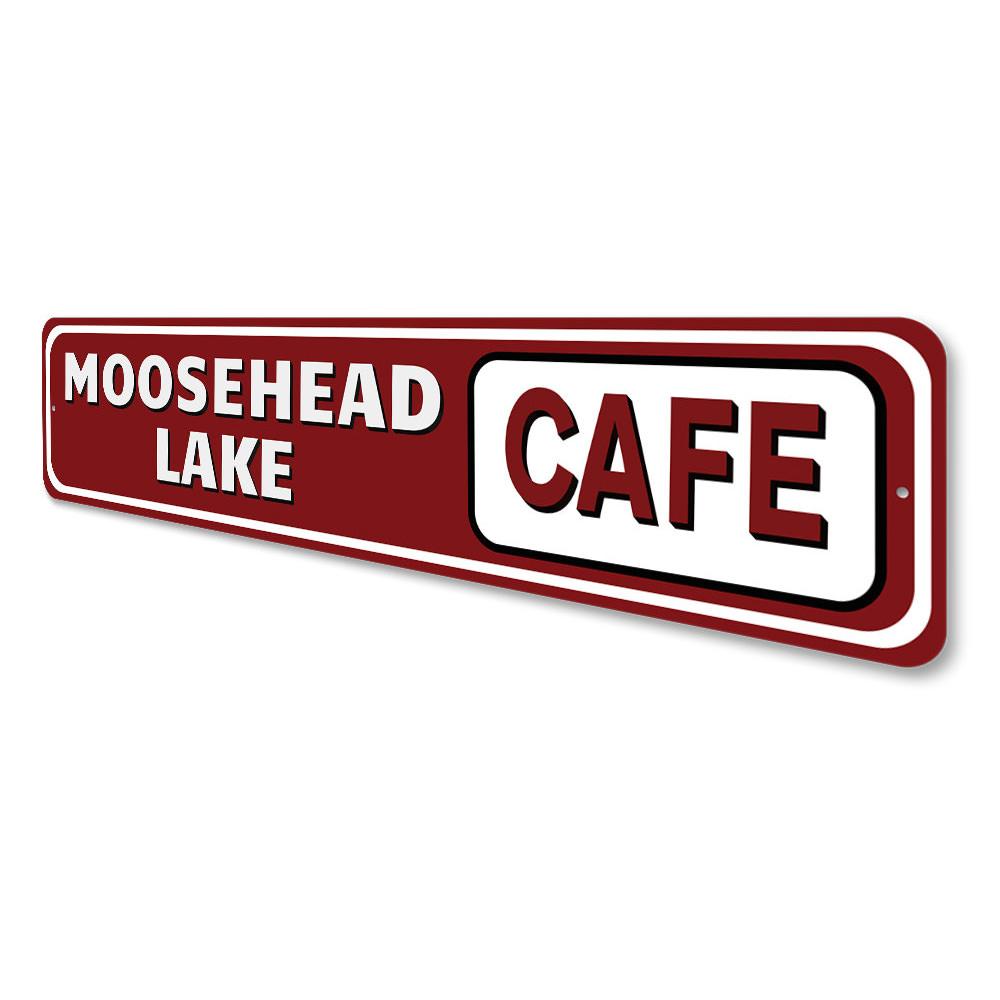 A beautifully crafted Lake Cafe Sign made of durable aluminum, showcasing a lakeside theme with customizable text options.