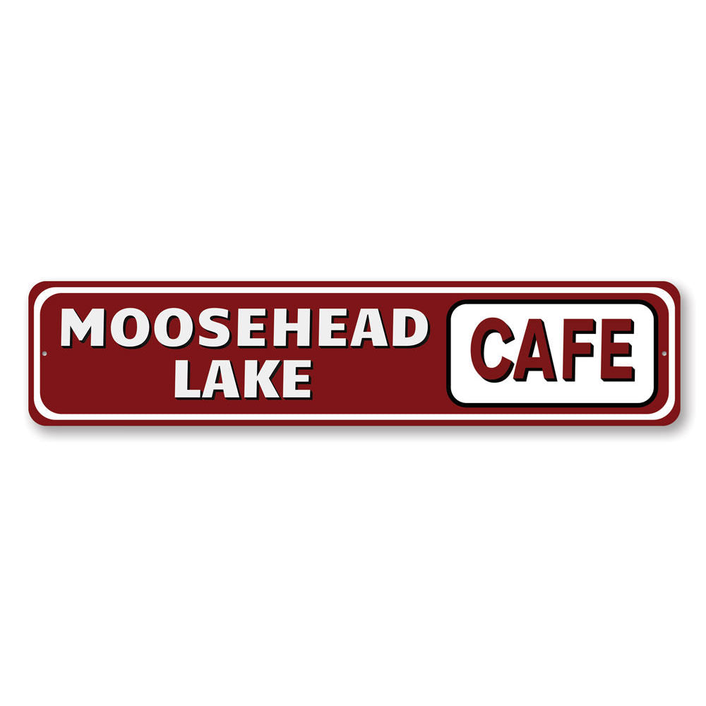 A beautifully crafted Lake Cafe Sign made of durable aluminum, showcasing a lakeside theme with customizable text options.