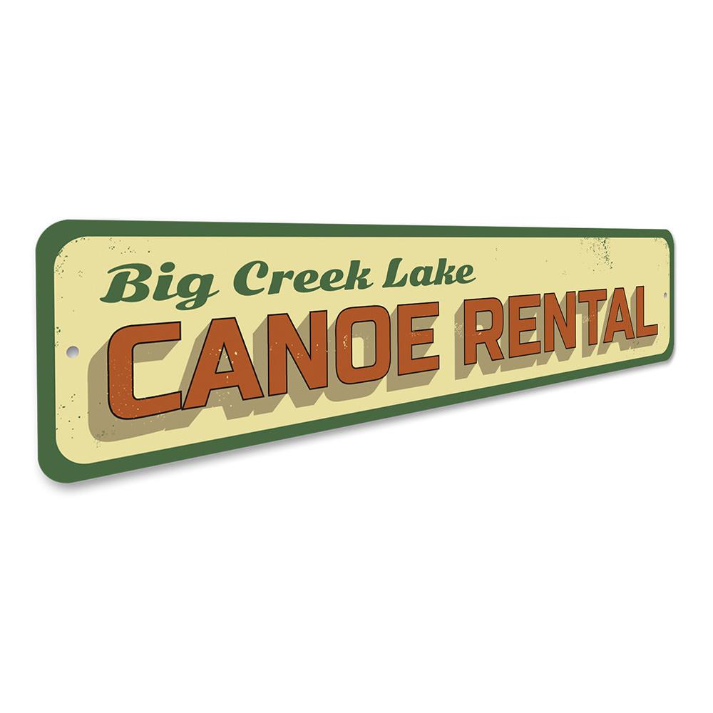 A decorative Lake Canoe Rental Sign made of high-quality aluminum, featuring customizable text and pre-drilled holes for easy mounting.