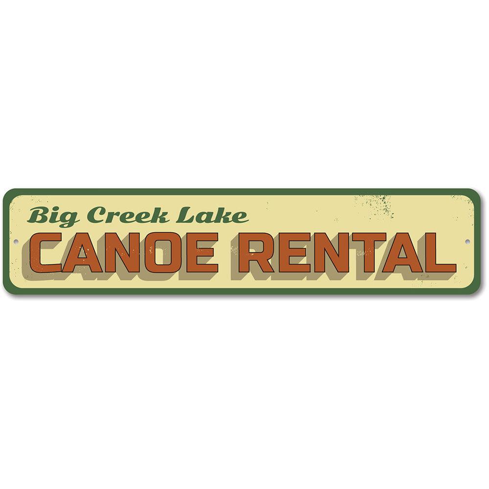 A decorative Lake Canoe Rental Sign made of high-quality aluminum, featuring customizable text and pre-drilled holes for easy mounting.